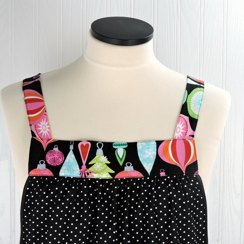 Christmas Ornaments and Polka Dots Pinafore with no ties, relaxed fit smock with pockets fits L-XL-2X, Holiday Hostess Apron ships fast