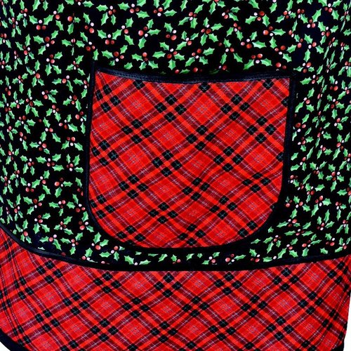 SHIPS FAST Tiny Holly Pinafore with no ties, relaxed fit smock with pockets, Holly and Plaid Christmas Apron, standard size fits L/XL/2X