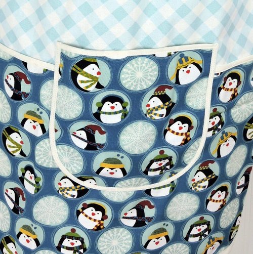 Penguin Friends Pinafore with no ties, relaxed fit smock with pockets, cute Christmas Apron, standard size fits L/XL/2X, ships fast