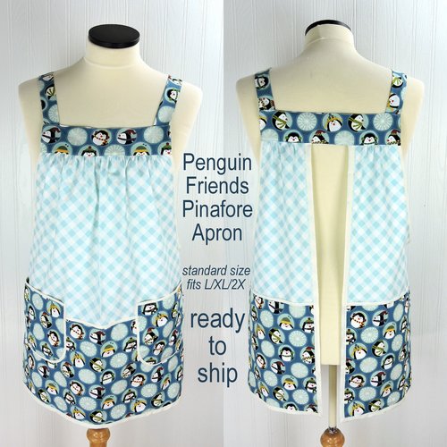 Penguin Friends Pinafore with no ties, relaxed fit smock with pockets, cute Christmas Apron, standard size fits L/XL/2X, ships fast