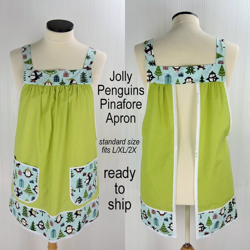Jolly Penguins Pinafore Apron with no ties, relaxed fit smock with pockets, cute Christmas Apron fits L/XL/2X, ships fast