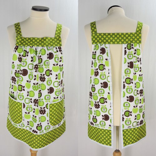 Green Apples Pinafore Apron with no ties, relaxed fit smock with pockets, standard size fits L-XL-2X, SHIPS FAST