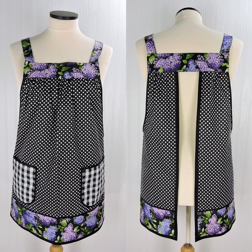 Lilacs and Polka Dots Scrapbuster Pinafore Apron with no ties, relaxed fit smock with pockets, ready to ship fits L/XL/2X, SHIPS FAST