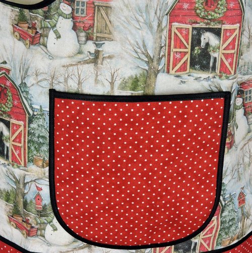 Snowy Christmas Barnyard Pinafore with no ties, relaxed fit smock with pockets, red barn, horses, snowman scene, made-to-order XS to 5X
