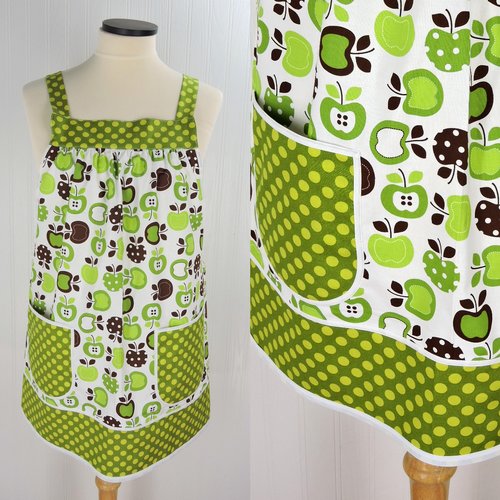 Green Apples Pinafore Apron with no ties, relaxed fit smock with pockets, standard size fits L-XL-2X, SHIPS FAST