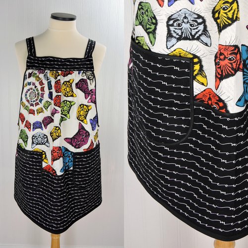 Catfinity Scrapbuster Pinafore Apron with no ties, relaxed fit smock with pockets, cat lover apron, ready to ship fits LXL/2X