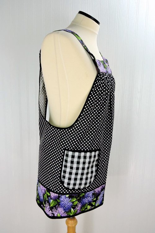 Lilacs and Polka Dots Scrapbuster Pinafore Apron with no ties, relaxed fit smock with pockets, ready to ship fits L/XL/2X, SHIPS FAST