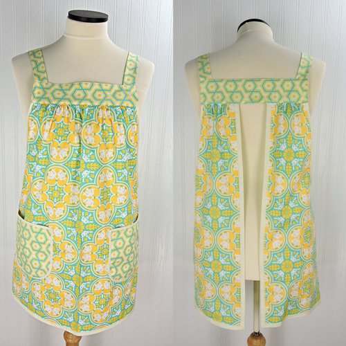 Notting Hill Historic Tile Pinafore Apron with no ties, relaxed fit smock with pockets fits L/XL/2X, Ready to Ship