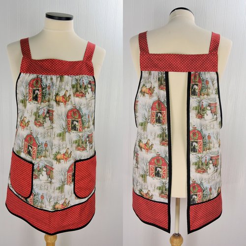 Snowy Christmas Barnyard Pinafore with no ties, relaxed fit smock with pockets, red barn, horses, snowman scene, made-to-order XS to 5X