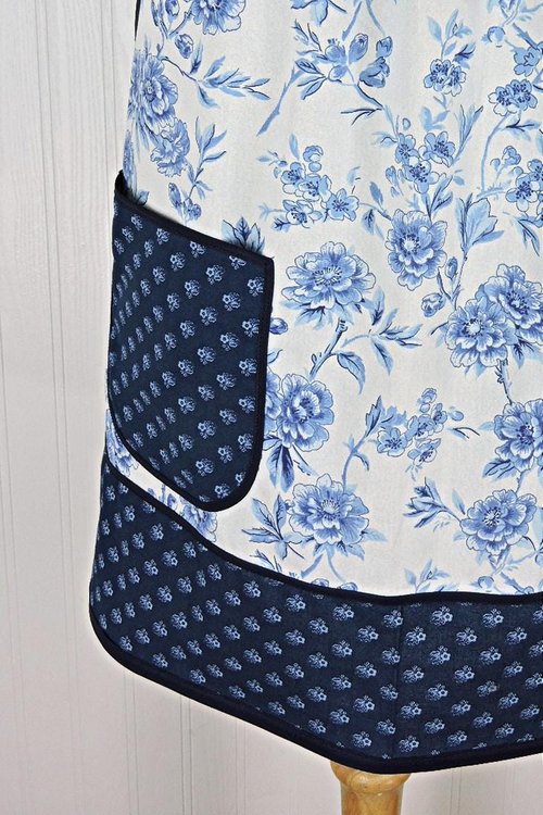 Ballycastle Chintz Blue & White Floral Pinafore Apron with no ties, smock apron with pockets made-to-order XS to 5X