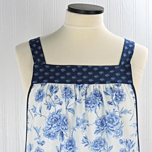 Ballycastle Chintz Blue & White Floral Pinafore Apron with no ties, smock apron with pockets made-to-order XS to 5X