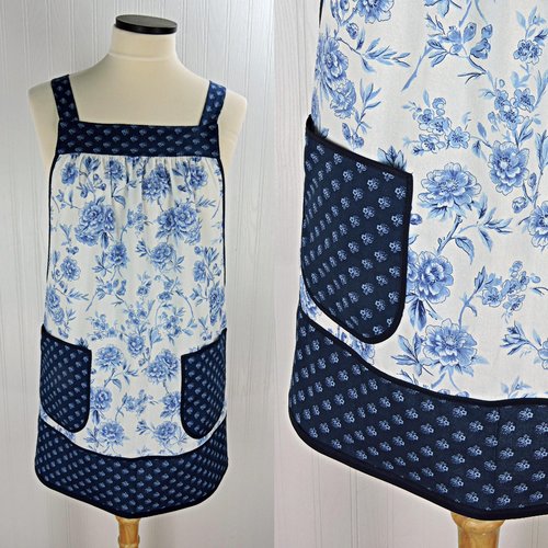 Ballycastle Chintz Blue & White Floral Pinafore Apron with no ties, smock apron with pockets made-to-order XS to 5X