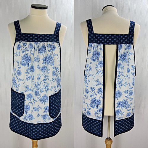 Ballycastle Chintz Blue & White Floral Pinafore Apron with no ties, smock apron with pockets made-to-order XS to 5X