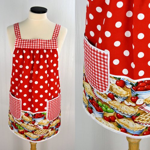 Red, White & Apple Pie Pinafore, relaxed fit smock with pockets, comfortable (doesn't touch neck) SHIPS NOW, standard size fits L/XL/2X