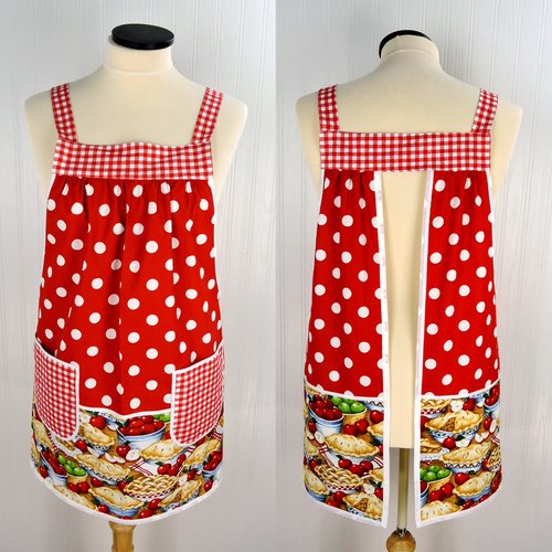 Red, White & Apple Pie Pinafore, relaxed fit smock with pockets, comfortable (doesn't touch neck) SHIPS NOW, standard size fits L/XL/2X