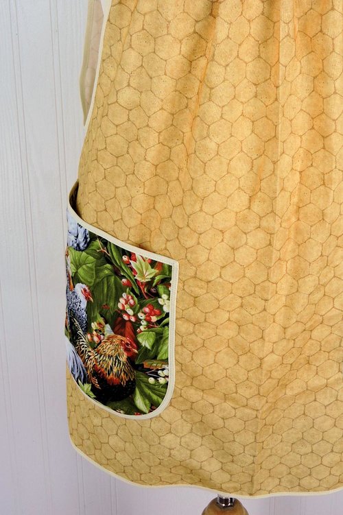 Roosters & Chicken Wire Pinafore Apron with no ties, relaxed fit smock apron with JUMBO pockets, OOAK fits L/XL/2X, ready to ship