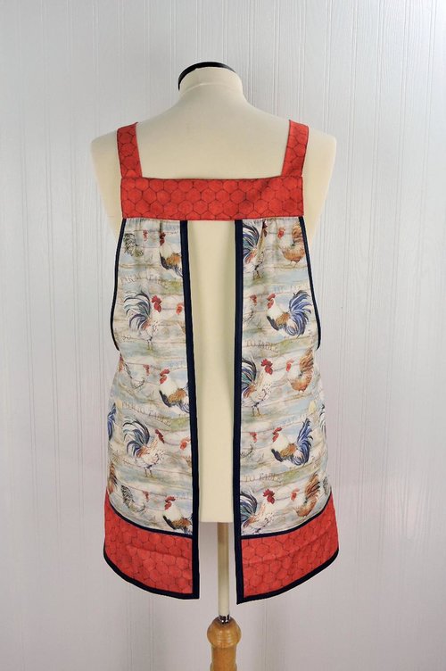 Rustic Roosters Pinafore with no ties, relaxed fit smock with pockets, straps go straight over the shoulders, made to order XS - 5X