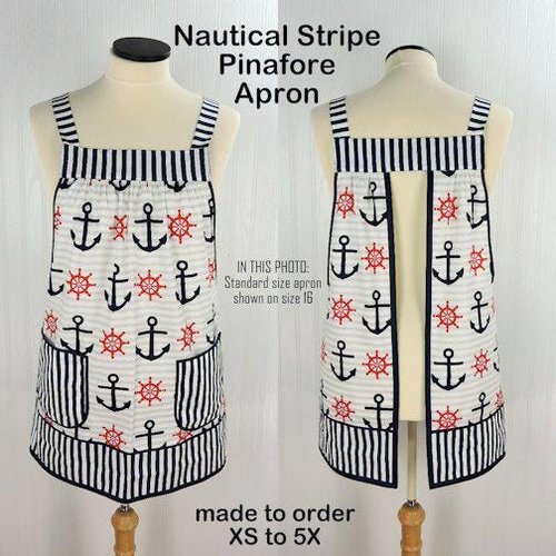 Nautical Stripe Pinafore with no ties (straps go straight over the shoulders), relaxed fit smock apron with pockets, made to order XS - 5X