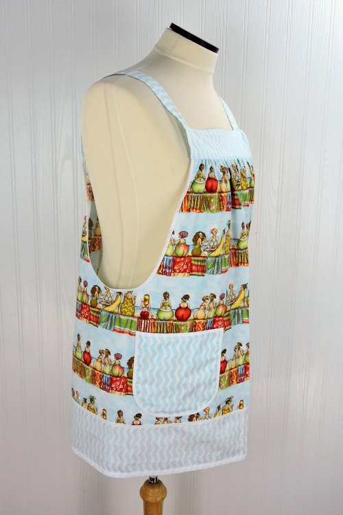 Fruit Ladies Stripe Pinafore with no ties (straps go straight over shoulders) relaxed fit smock with pockets, humorous beach theme, L/XL/2X