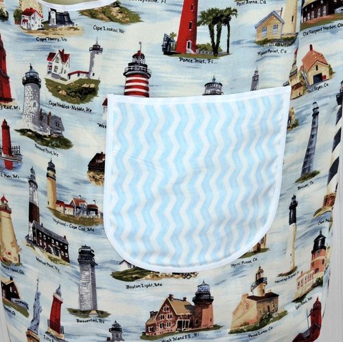 Historic Lighthouses Pinafore Apron with no ties, relaxed fit smock with pockets, coastal nautical beach cover up ready to ship fits L/XL/2X