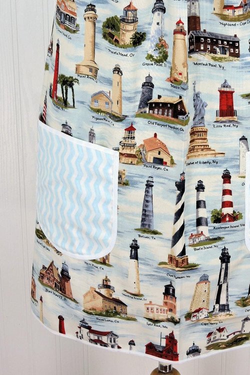 Historic Lighthouses Pinafore Apron with no ties, relaxed fit smock with pockets, coastal nautical beach cover up ready to ship fits L/XL/2X
