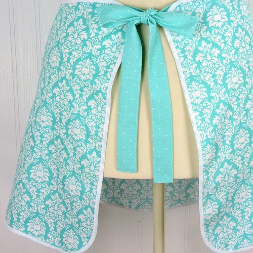 Aqua Petite Damask Retro 50s Smock Apron, relaxed fit "H-back" doesn't touch neck, made to order XS - 4X  w/ pocket options, OOP fabrics