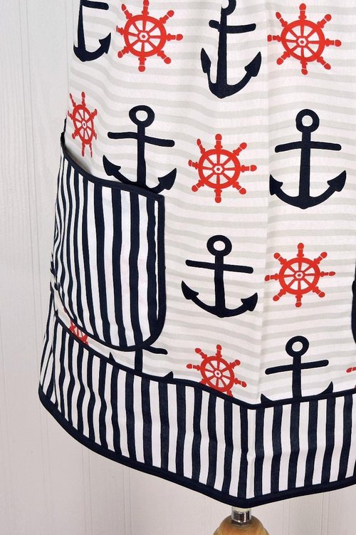 Nautical Stripe Pinafore with no ties (straps go straight over the shoulders), relaxed fit smock apron with pockets, made to order XS - 5X