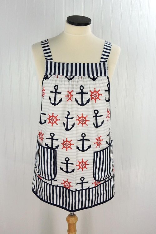Nautical Stripe Pinafore with no ties (straps go straight over the shoulders), relaxed fit smock apron with pockets, made to order XS - 5X
