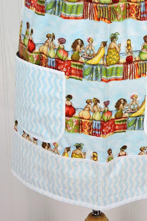 Fruit Ladies Stripe Pinafore with no ties (straps go straight over shoulders) relaxed fit smock with pockets, humorous beach theme, L/XL/2X