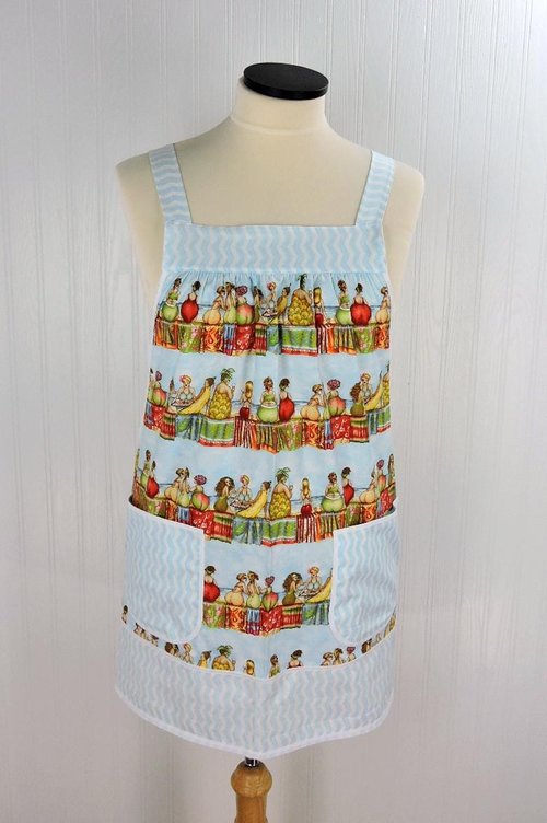 Fruit Ladies Stripe Pinafore with no ties (straps go straight over shoulders) relaxed fit smock with pockets, humorous beach theme, L/XL/2X
