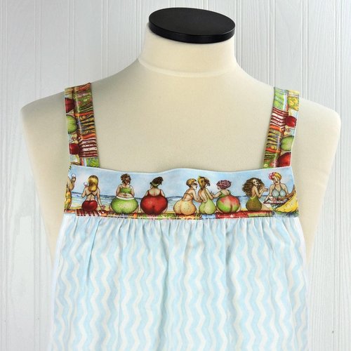 Fruit Ladies Border Pinafore with no ties (straps go straight over shoulders) relaxed fit smock with pockets, humorous beach theme, L/XL/2X
