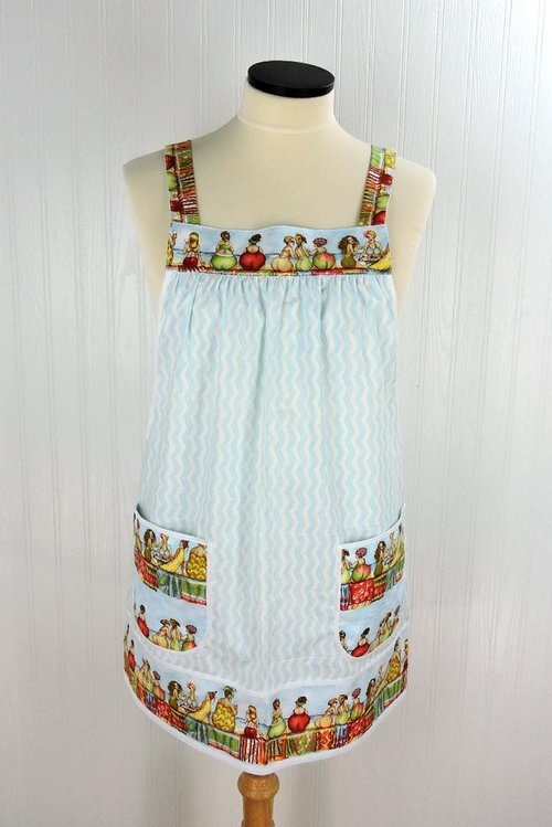 Fruit Ladies Border Pinafore with no ties (straps go straight over shoulders) relaxed fit smock with pockets, humorous beach theme, L/XL/2X