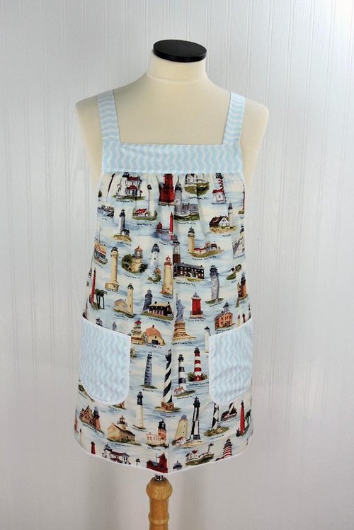 Historic Lighthouses Pinafore Apron with no ties, relaxed fit smock with pockets, coastal nautical beach cover up ready to ship fits L/XL/2X