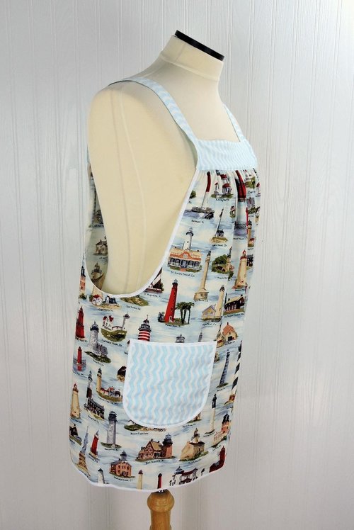 Historic Lighthouses Pinafore Apron with no ties, relaxed fit smock with pockets, coastal nautical beach cover up ready to ship fits L/XL/2X