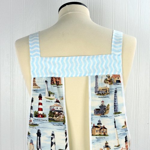 Historic Lighthouses Pinafore Apron with no ties, relaxed fit smock with pockets, coastal nautical beach cover up ready to ship fits L/XL/2X