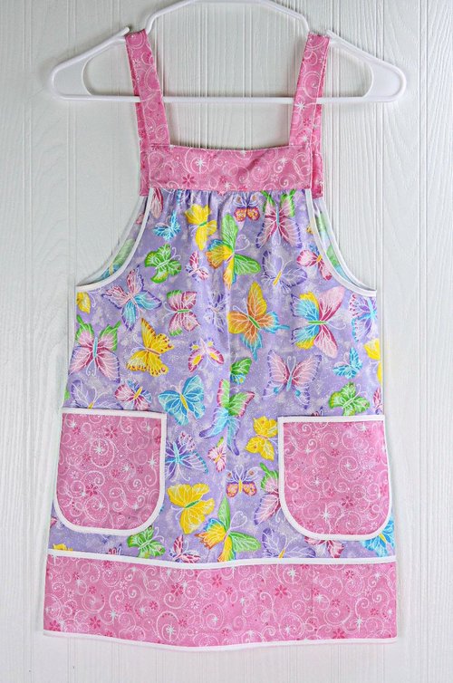 Glitzy Butterflies Children's Pinafore with no ties (straps go straight over the shoulders) relaxed fit smock with pockets, SIZE 6/8, RTS
