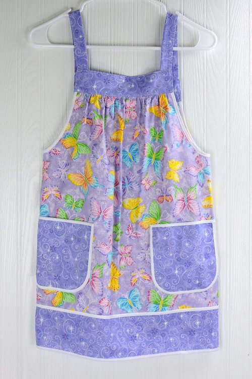 Glitzy Butterflies Children's Pinafore with no ties (straps go straight over the shoulders) relaxed fit smock with pockets, SIZE 10/12, RTS