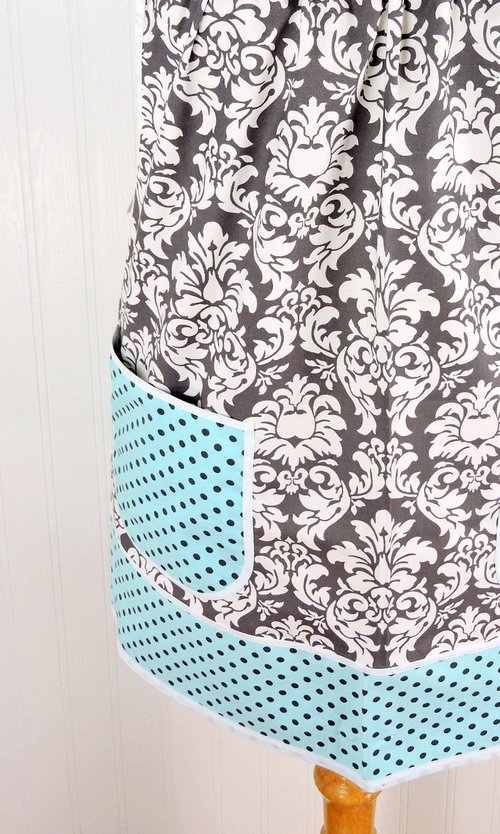 Charcoal Damask Pinafore with no ties (straps go straight over shoulders) relaxed fit smock with pockets, fits L/XL/2X, ready to ship