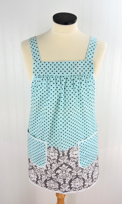 Damask & Dots Scrapbuster Pinafore with no ties (straps go straight over shoulders) relaxed fit smock with pockets, fits L/XL/2X, SHIPS NOW