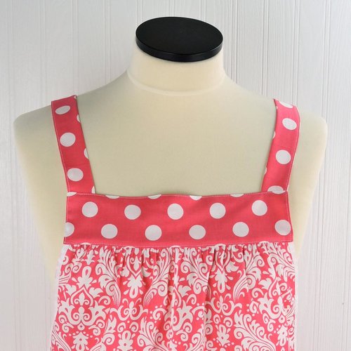 Raspberry Damask Pinafore with no ties (straps go straight over shoulders) relaxed fit smock with pockets, fits L/XL/2X, ready to ship