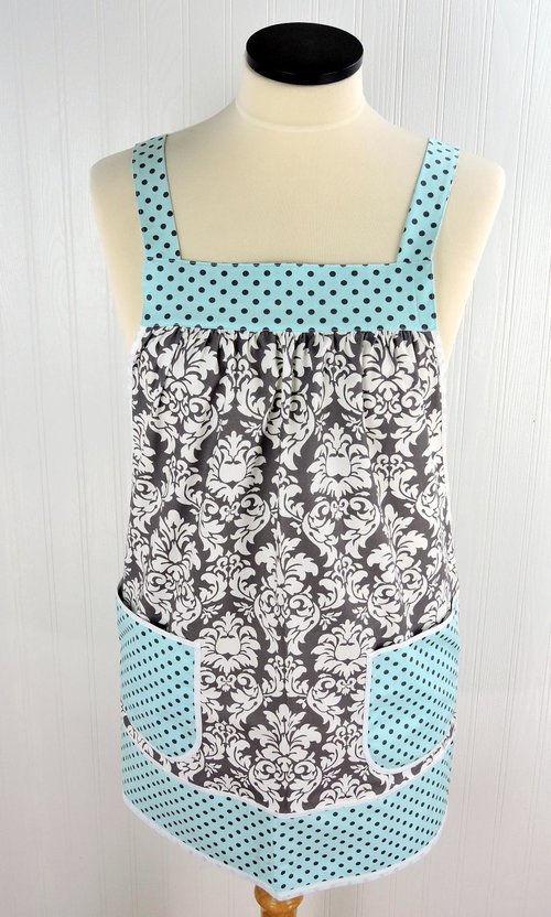 Charcoal Damask Pinafore with no ties (straps go straight over shoulders) relaxed fit smock with pockets, fits L/XL/2X, ready to ship