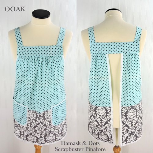 Damask & Dots Scrapbuster Pinafore with no ties (straps go straight over shoulders) relaxed fit smock with pockets, fits L/XL/2X, SHIPS NOW