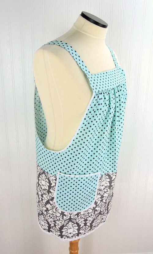 Damask & Dots Scrapbuster Pinafore with no ties (straps go straight over shoulders) relaxed fit smock with pockets, fits L/XL/2X, SHIPS NOW