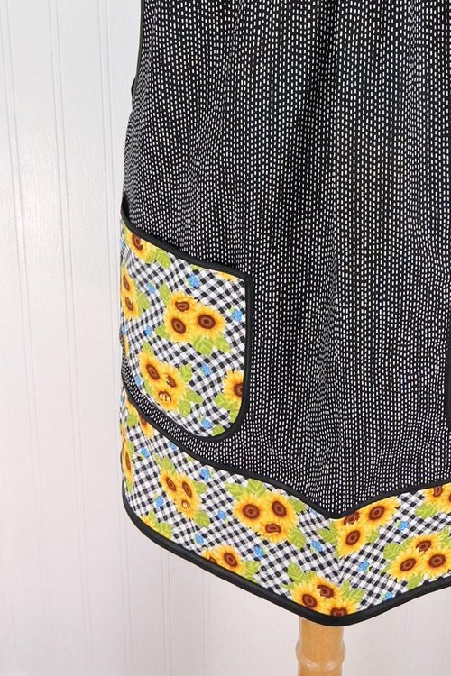 Sunflowers on Gingham Pinafore with no ties (straps go straight over shoulders) relaxed fit smock with pockets, fits L/XL/2X, ready to ship