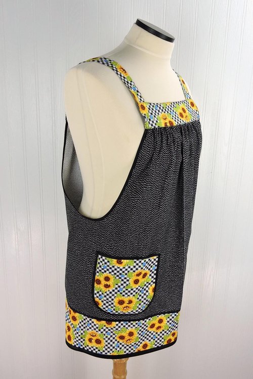 Sunflowers on Gingham Pinafore with no ties (straps go straight over shoulders) relaxed fit smock with pockets, fits L/XL/2X, ready to ship