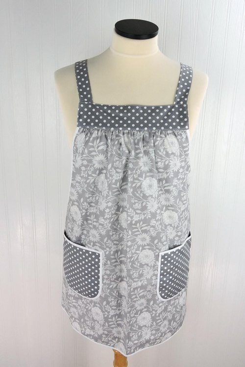 Gray Floral Pinafore with no ties (straps go straight over shoulders) relaxed fit smock with pockets, fits L/XL/2X, ready to ship