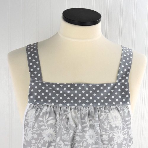 Gray Floral Pinafore with no ties (straps go straight over shoulders) relaxed fit smock with pockets, fits L/XL/2X, ready to ship