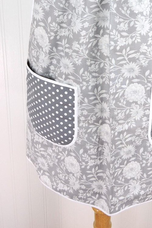 Gray Floral Pinafore with no ties (straps go straight over shoulders) relaxed fit smock with pockets, fits L/XL/2X, ready to ship