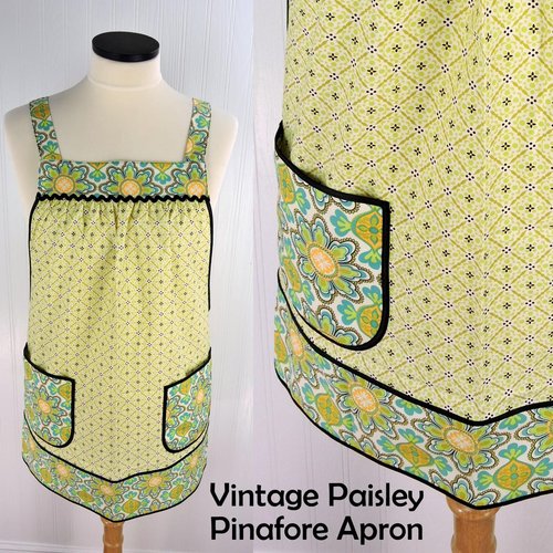 Vintage Paisley Pinafore Apron with no ties, relaxed fit smock with pockets fits L/XL/2X, Grandmacore kitchen, Ready to Ship