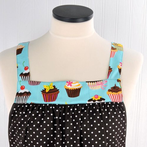 Espresso & Cupcakes Pinafore with no ties (straps go straight over shoulders) relaxed fit smock with pockets, fits L/XL/2X, ready to ship